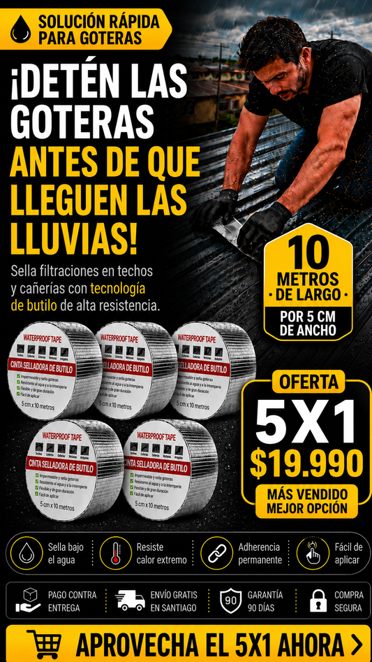 Cinta Adhesiva Tapagoteras Impermeable 10 Metros | Pack 5 Unidades